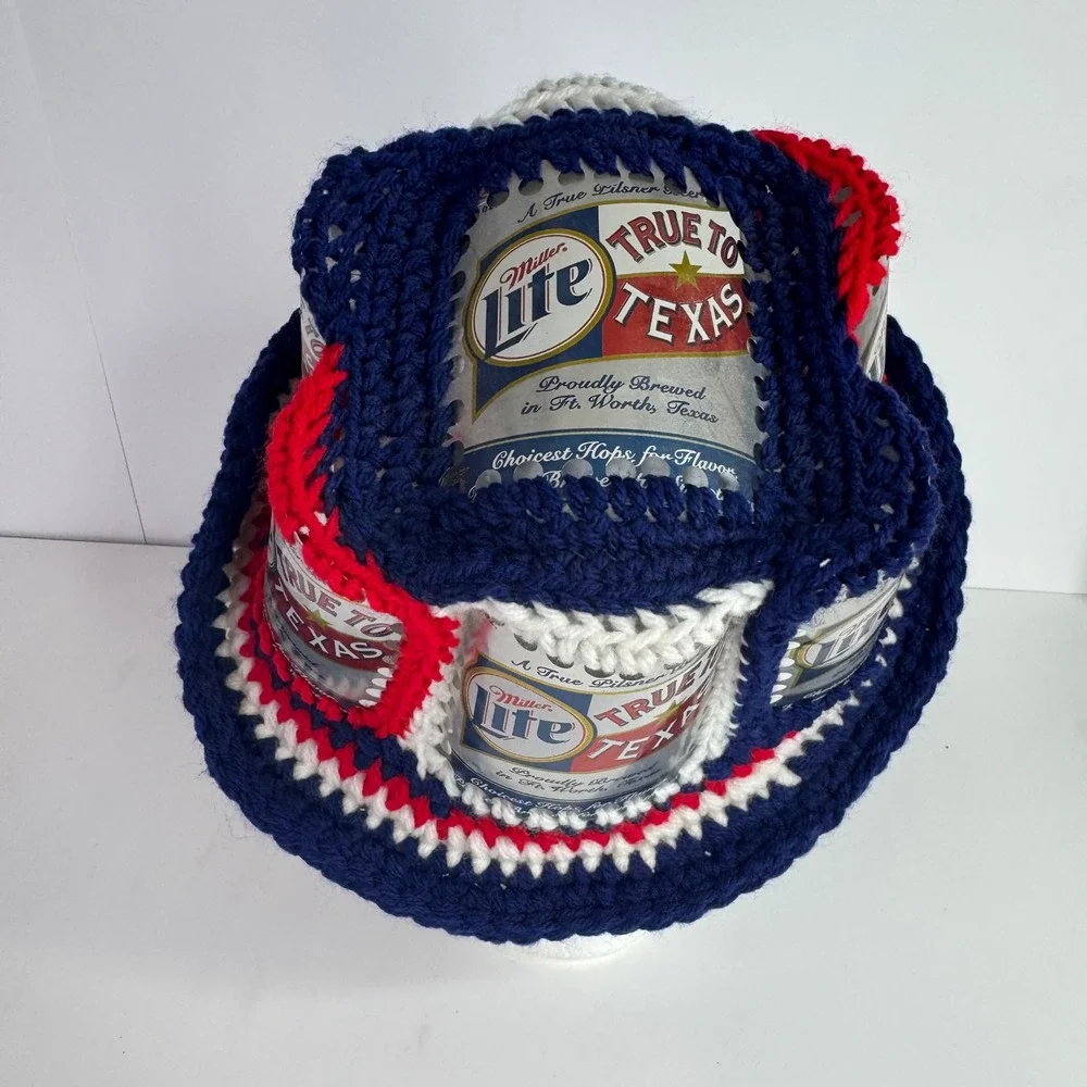 Vtg Handmade Miller Lite Beer Can Hat Adult OS Blue Red White Crochet Bucket Hat